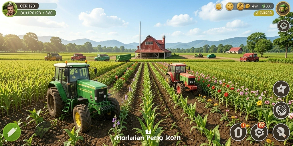 Tangkapan layar menunjukkan gameplay seru dalam <strong>CERI123</strong> dengan ladang hijau dan aktivitas bertani.