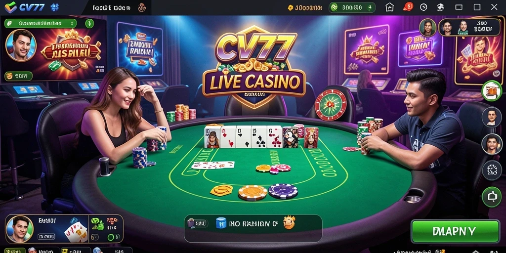 Screenshot gameplay CV777 menunjukkan dealer langsung dan interaksi pemain yang nyata.