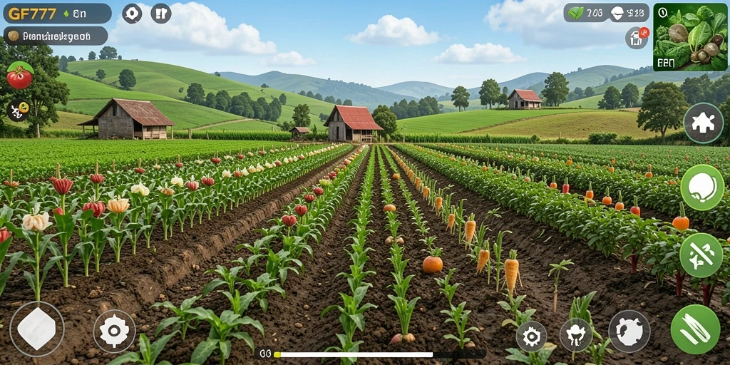 Tampilan gameplay GF777 menampilkan lahan pertanian yang indah dan beragam tanaman.