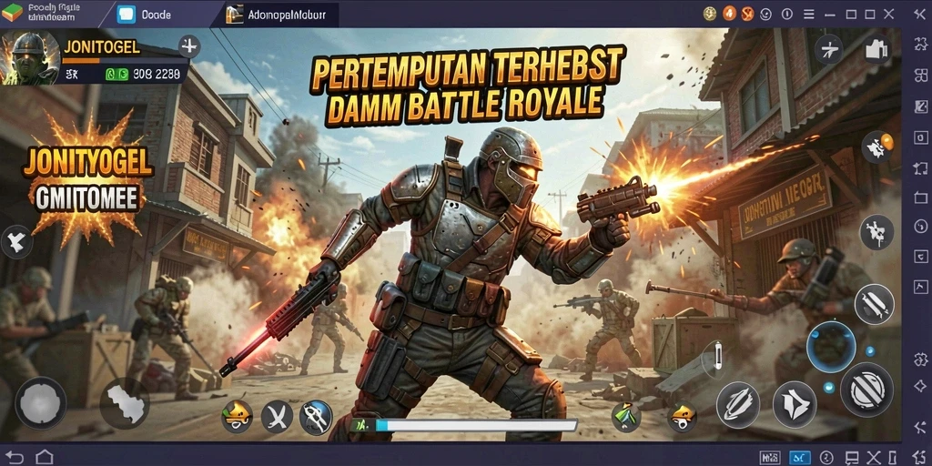 Tampilan aksi seru dalam gameplay JONITOGEL saat pertempuran Battle Royale.