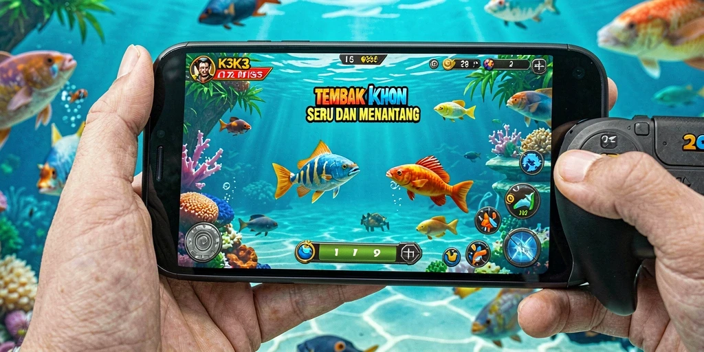 Screenshot gameplay K3K3 menampilkan aksi menembak ikan yang seru.