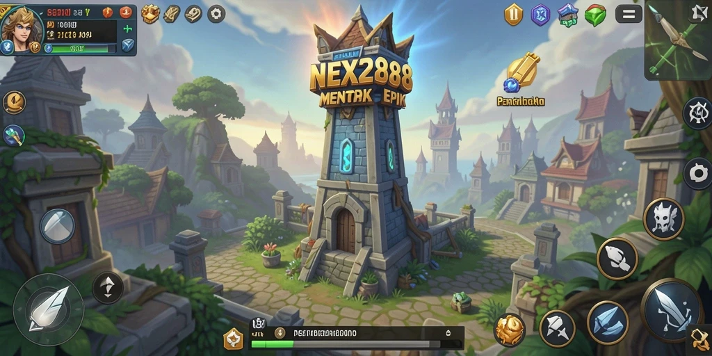 Screenshot gameplay NEX288 dengan menara dan musuh yang beragam.