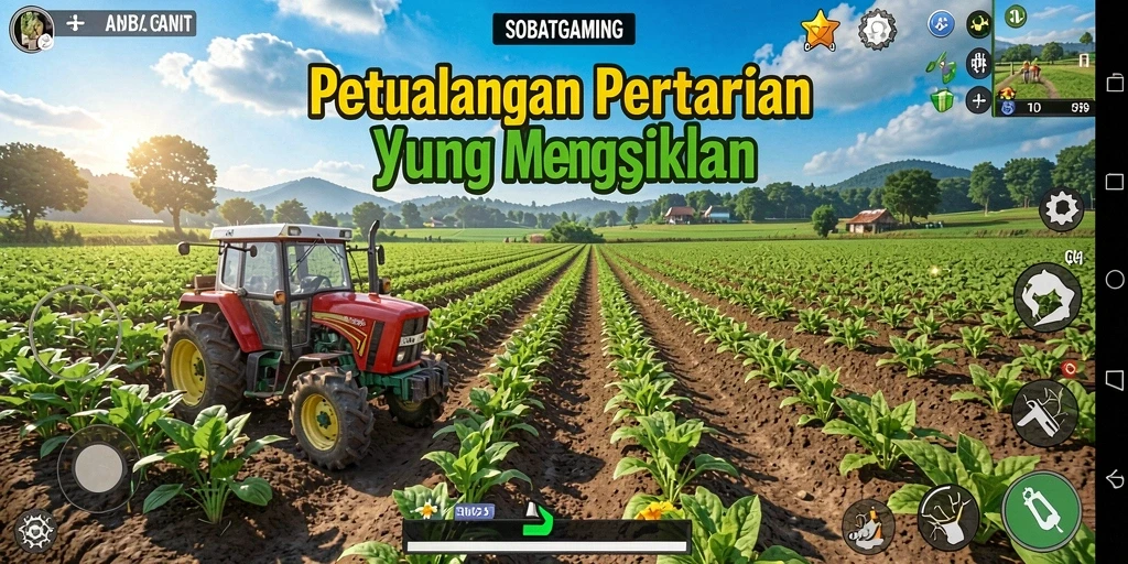 Gameplay SOBATGAMING menampilkan ladang yang subur dan hewan ternak yang lucu.