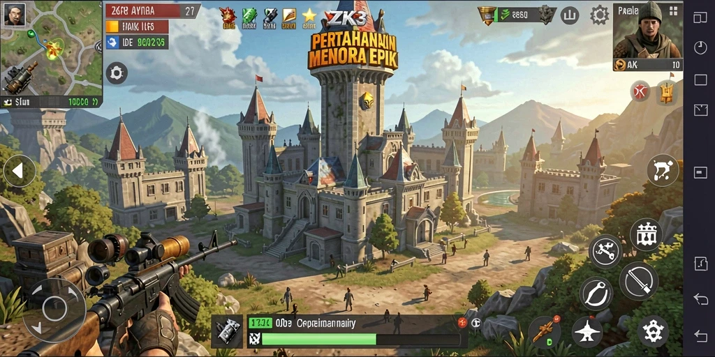 Screenshot ZK3 menampilkan aksi seru dalam pertahanan menara.